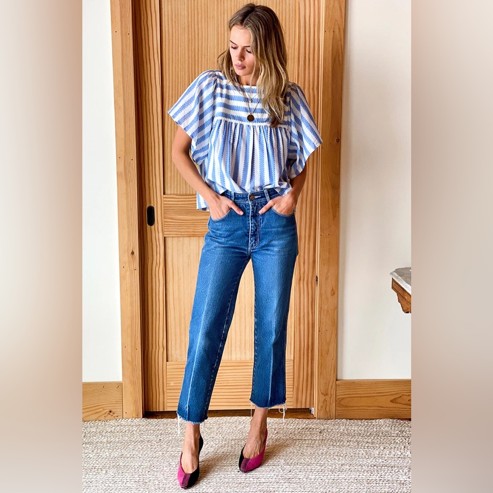 Emerson Fry Blue and White Striped Flutter Sleeve Top